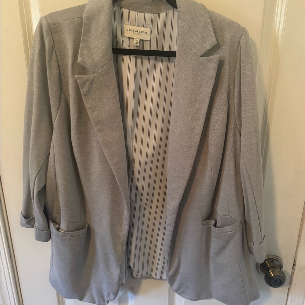 Skies Are Blue Light Gray Open Front Blazer with Rolled Cuffs